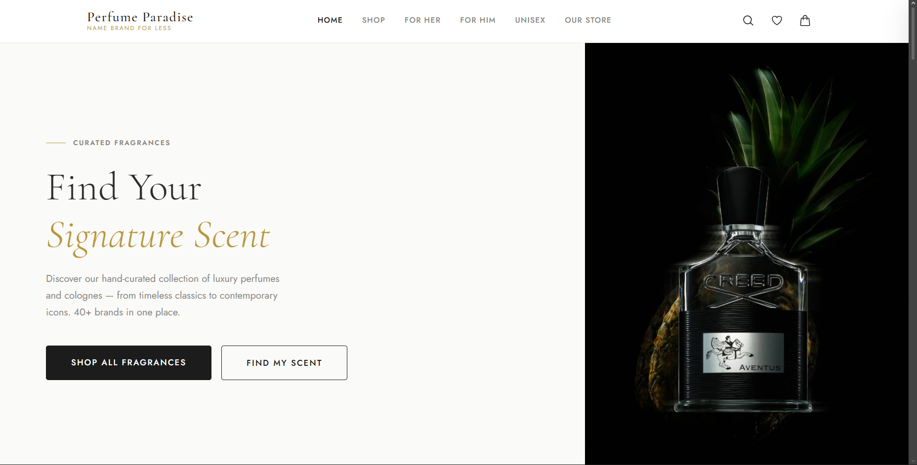 Perfume Paradise website — homepage hero
